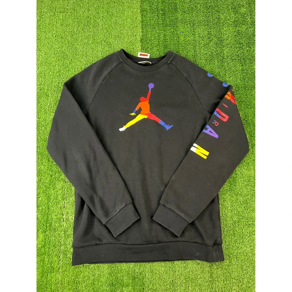 Jordan Mens Jumpman Crewneck Sweatshirt Black Multi-Color AV0044-010 Size M